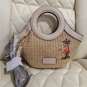 Tommy Bahama Beige Straw Bag with Flamingo Embroidery
